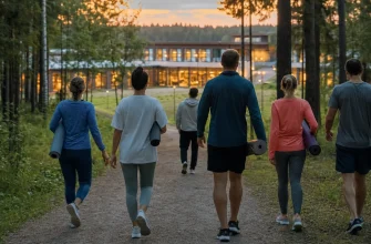 Участники возвращаются после прогулки в загородный отель